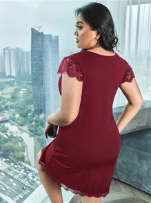 对比色蕾丝蝴蝶结前睡裙 - 酒紅色 - 查看 2