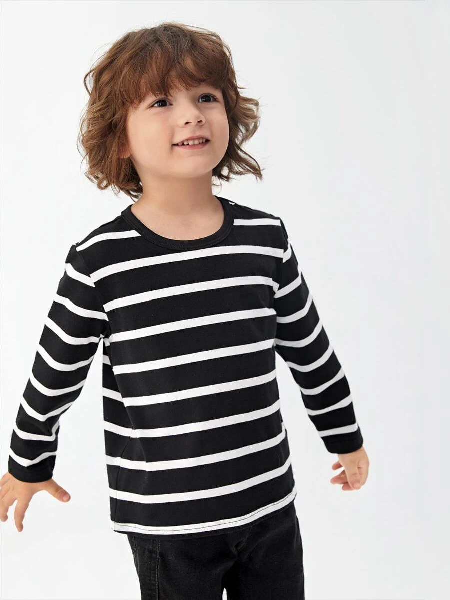 SHEIN Toddler Boys Cotton Striped Print Tee - Black - View 1