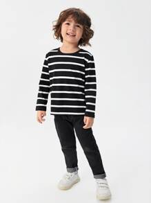 SHEIN Toddler Boys Cotton Striped Print Tee - Black - View 3