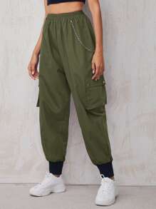 SHEIN Coolane Pantalones cargo con diseño de cadena con bolsillo lateral - Verde militar - Ver 1