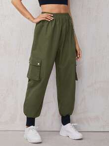 SHEIN Coolane Pantalones cargo con diseño de cadena con bolsillo lateral - Verde militar - Ver 3
