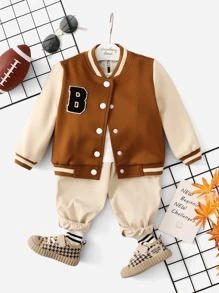 SHEIN Baby 1pc Letter Patched Colourblock Varsity Jacket - Brown - View 1