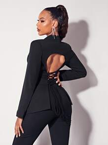 SHEIN BAE Áo khoác  âu phục nữ Lộ Lưng Ren lên Cắt ra màu trơn Gợi cảm - màu đen - Xem 4