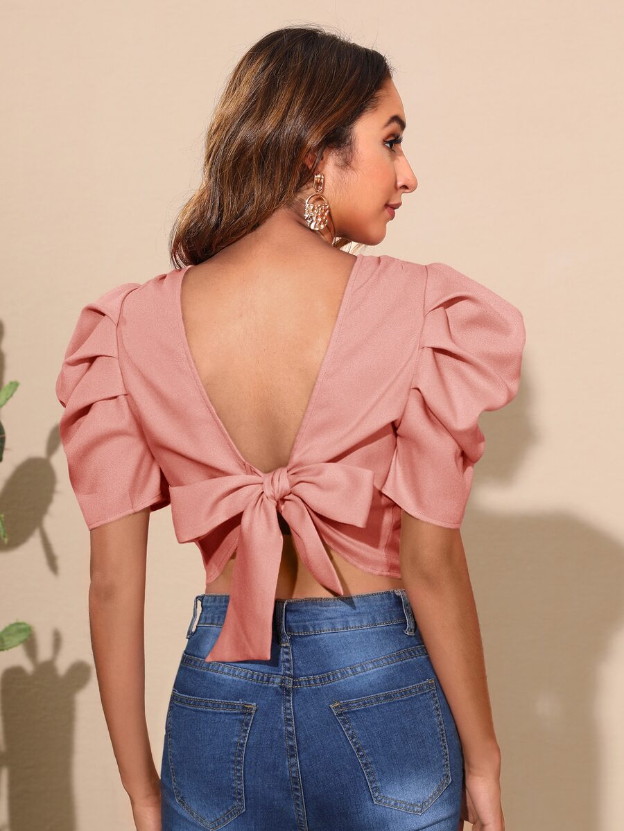 SHEIN Privé Puff Sleeve Tie Back Blouse - Dusty Pink - View 1