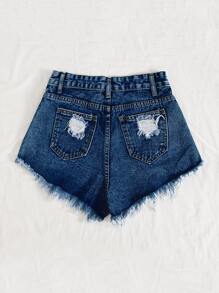 SHEIN EZwear Raw Hem Ripped Denim Shorts - Dark Wash - View 2