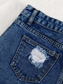 SHEIN EZwear Raw Hem Ripped Denim Shorts - Dark Wash - View 5
