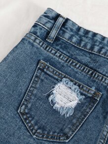 SHEIN EZwear Raw Hem Ripped Denim Shorts - Medium Wash - View 4