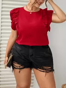 SHEIN VCAY Plus Butterfly Sleeve Ruffle Trim Top - Red - View 1