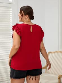 SHEIN VCAY Plus Butterfly Sleeve Ruffle Trim Top - Red - View 2