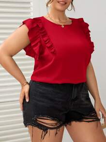 SHEIN VCAY Plus Butterfly Sleeve Ruffle Trim Top - Red - View 5