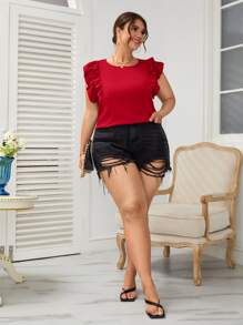 SHEIN VCAY Plus Butterfly Sleeve Ruffle Trim Top - Red - View 6