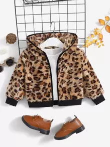 SHEIN 嬰兒女孩豹紋圖案帽兜立體小熊外套,不含內搭衣 - 彩色 - 查看 1