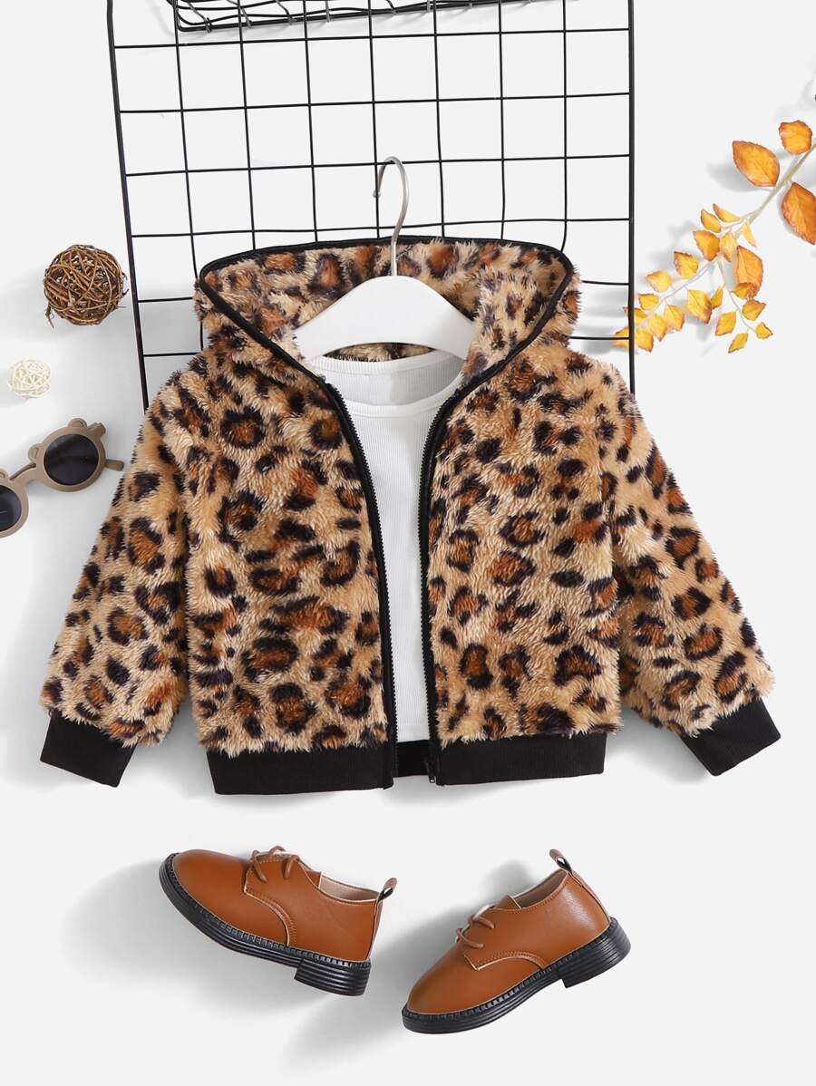 SHEIN 嬰兒女孩豹紋圖案帽兜立體小熊外套,不含內搭衣 - 彩色 - 查看 1