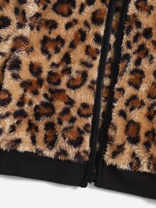 SHEIN 嬰兒女孩豹紋圖案帽兜立體小熊外套,不含內搭衣 - 彩色 - 查看 4