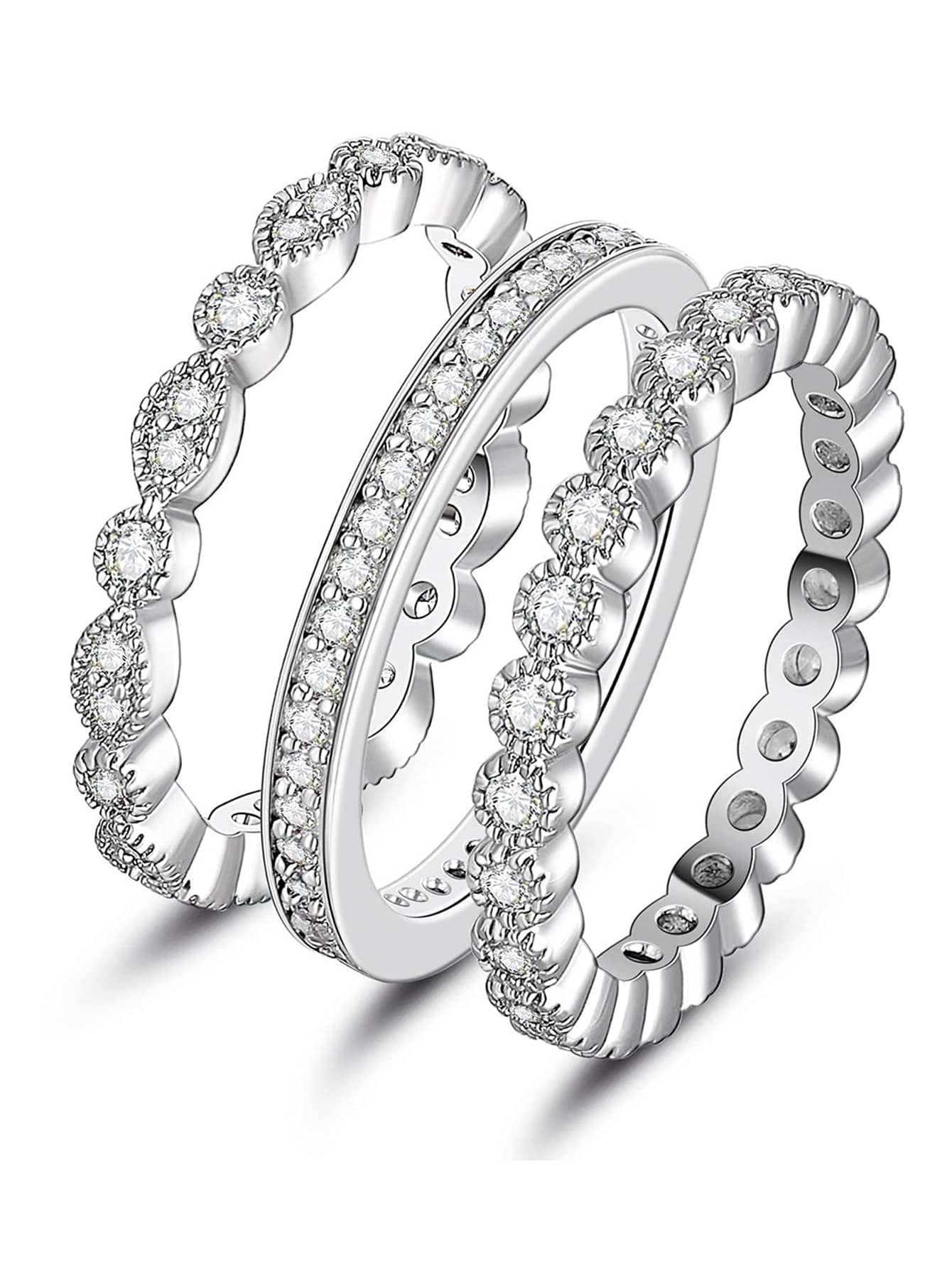 3pcs/Set Fashionable & Versatile Luxurious Stackable & Detachable Ring Set - Silver - View 1
