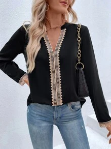 SHEIN LUNE Guipure Lace Insert Blouse - Black - View 4