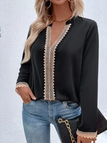 SHEIN LUNE Guipure Lace Insert Blouse - Black - View 6