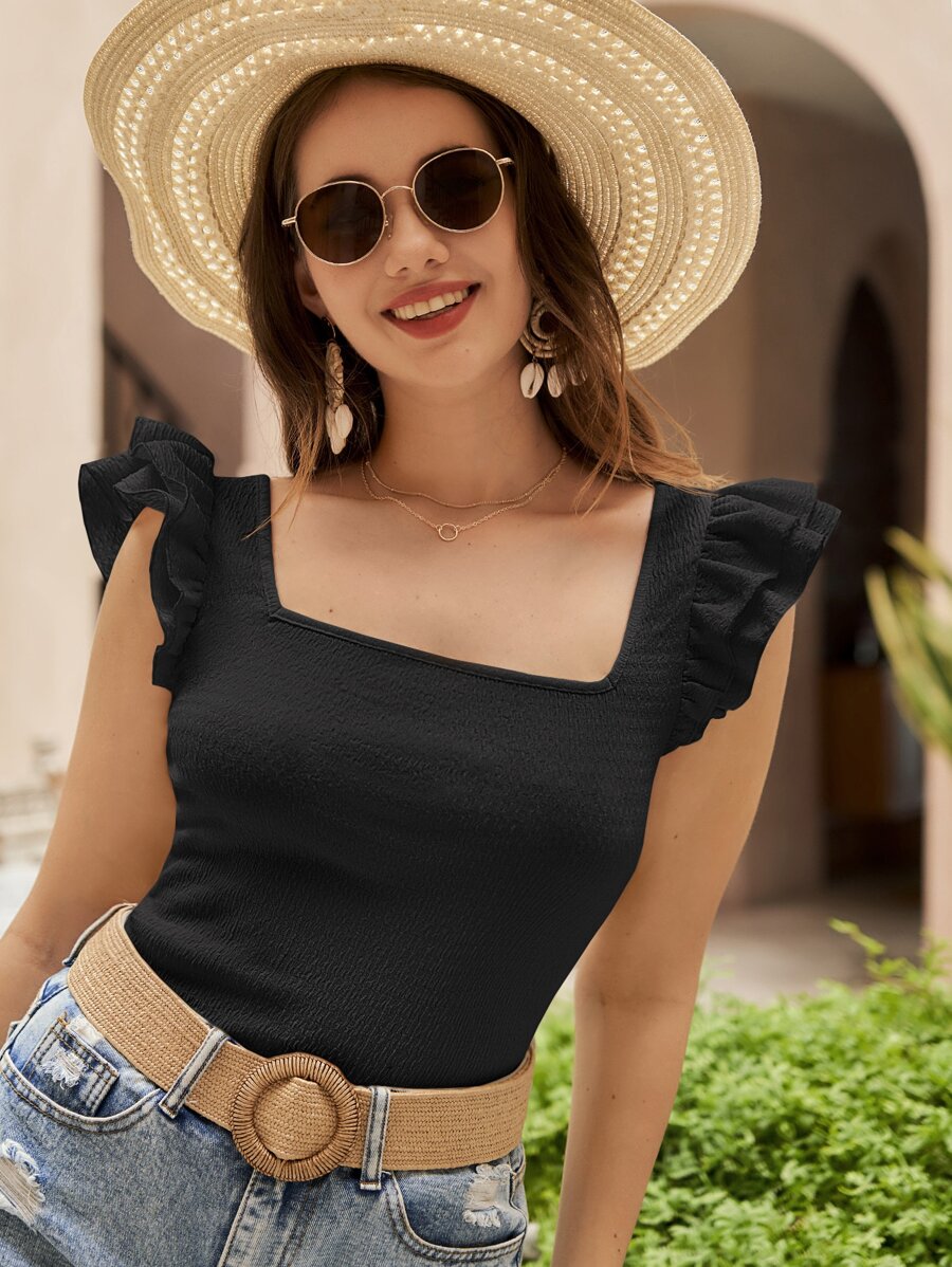 SHEIN VCAY Camiseta de cuello cuadrado ribete con fruncido