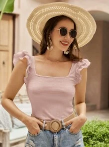 SHEIN VCAY 方領荷葉邊T恤 - 藕粉色 - 查看 6