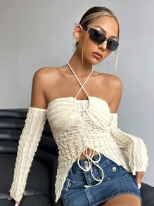 SHEIN ICON Áo nữ Bất đối xứng Lộ Lưng Dây kéo màu trơn Gợi cảm - Màu be - Xem 3