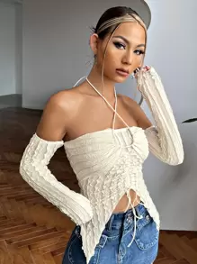 SHEIN ICON Áo nữ Bất đối xứng Lộ Lưng Dây kéo màu trơn Gợi cảm - Màu be - Xem 4