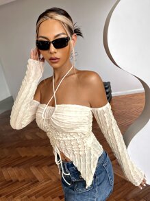 SHEIN ICON Áo nữ Bất đối xứng Lộ Lưng Dây kéo màu trơn Gợi cảm - Màu be - Xem 6