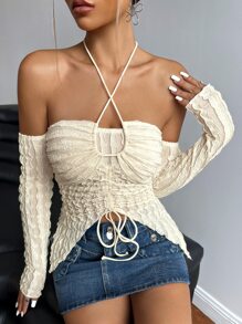 SHEIN ICON Áo nữ Bất đối xứng Lộ Lưng Dây kéo màu trơn Gợi cảm - Màu be - Xem 1