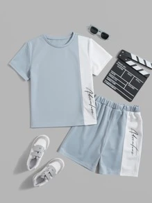 SHEIN Tween Boy Letter Graphic Two Tone Tee & Shorts - Blue and White - View 1