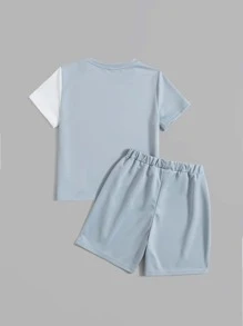 SHEIN Tween Boy Letter Graphic Two Tone Tee & Shorts - Blue and White - View 2