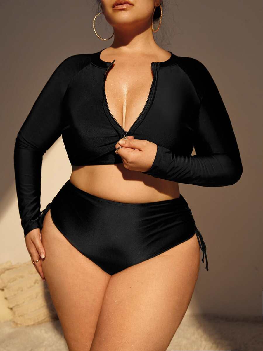 SHEIN Swim Curve 大码前拉链高领防晒衣带长袖游泳衣夏季海滩 - 黑色 - 查看 1