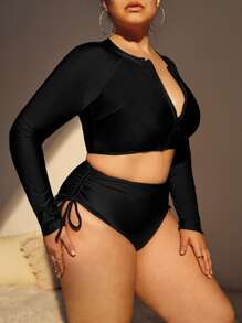 SHEIN Swim Curve 大码前拉链高领防晒衣带长袖游泳衣夏季海滩 - 黑色 - 查看 3