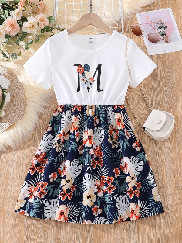 Tween Girl Letter & Tropical Print Dress