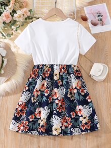 適合青少女穿著的字母和熱帶印花裙 - 彩色 - 查看 2