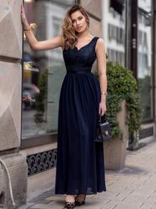 MIUSOL Sequin Lace Sweetheart Neck Sleeveless Chiffon Formal Party Dress - Navy Blue - View 8