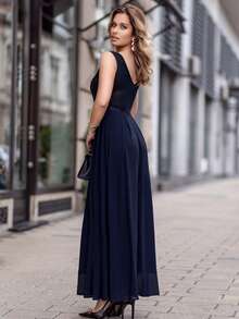 MIUSOL Sequin Lace Sweetheart Neck Sleeveless Chiffon Formal Party Dress - Navy Blue - View 3