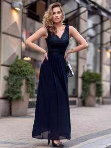 MIUSOL Sequin Lace Sweetheart Neck Sleeveless Chiffon Formal Party Dress - Navy Blue - View 5