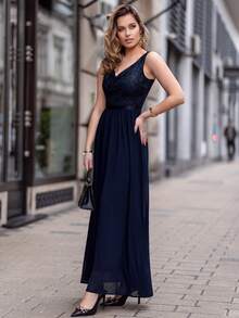 MIUSOL Sequin Lace Sweetheart Neck Sleeveless Chiffon Formal Party Dress - Navy Blue - View 7