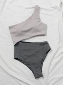 SHEIN Swim Summer Beach Two Tone Rib One Shoulder One Piece Swimsuit - Multicolor - View 3