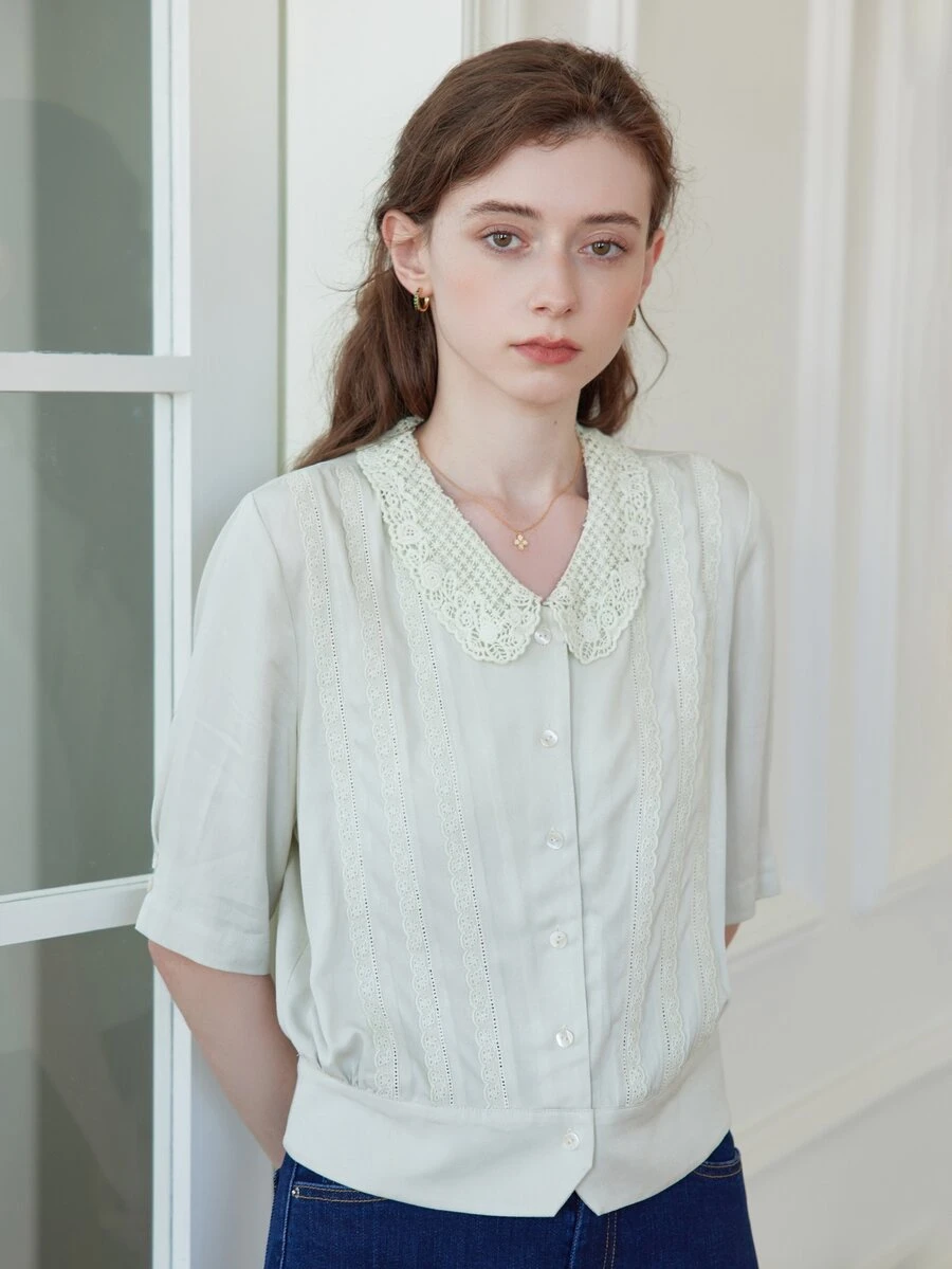 Simple Retro Contrast Lace Peter-pan Collar Shirt - Mint Green - View 1
