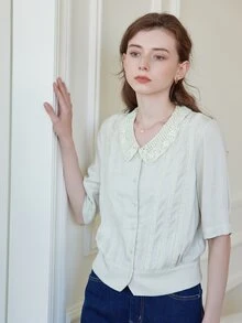 Simple Retro Contrast Lace Peter-pan Collar Shirt - Mint Green - View 3