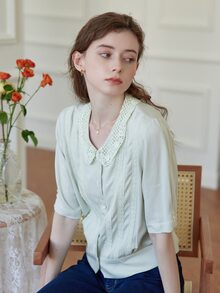 Simple Retro Contrast Lace Peter-pan Collar Shirt - Mint Green - View 4
