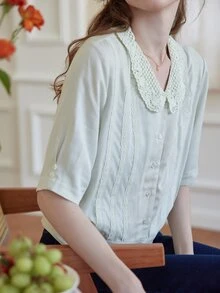 Simple Retro Contrast Lace Peter-pan Collar Shirt - Mint Green - View 5