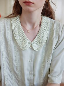 Simple Retro Contrast Lace Peter-pan Collar Shirt - Mint Green - View 7