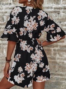 SHEIN Unity Floral Print Surplice Neck Flounce Sleeve Romper - Multicolor - View 2