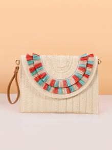 撞色流蘇邊翻蓋草編包 - 米色 - 查看 1