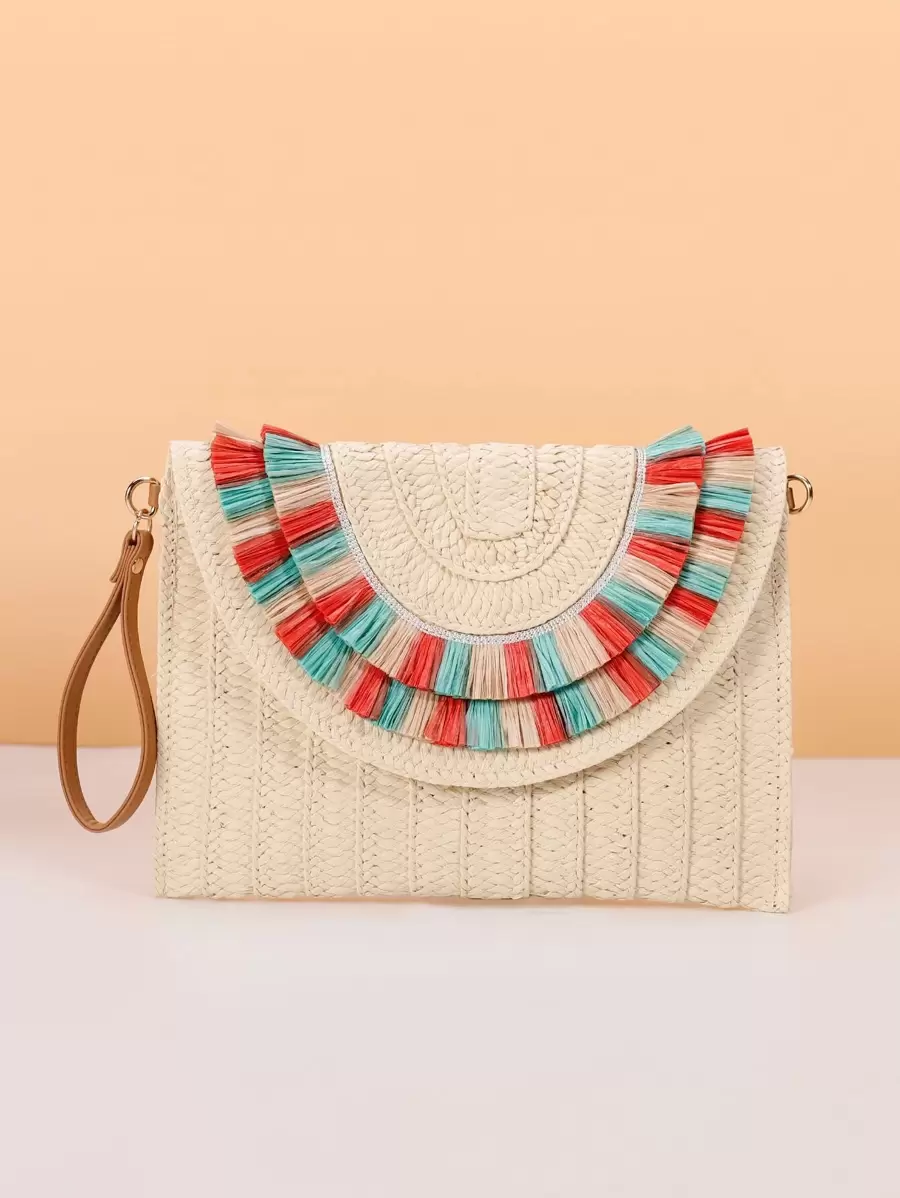 撞色流蘇邊翻蓋草編包 - 米色 - 查看 1
