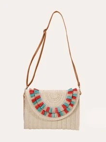 撞色流蘇邊翻蓋草編包 - 米色 - 查看 2