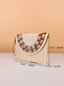 撞色流蘇邊翻蓋草編包 - 米色 - 查看 5