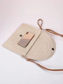 撞色流蘇邊翻蓋草編包 - 米色 - 查看 6