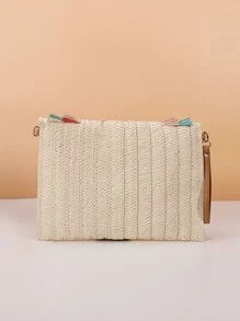 撞色流蘇邊翻蓋草編包 - 米色 - 查看 7